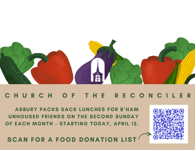 Asbury packs sack lunches the second Sunday of each month after 11:00 a.m. worship in the church kitchen.